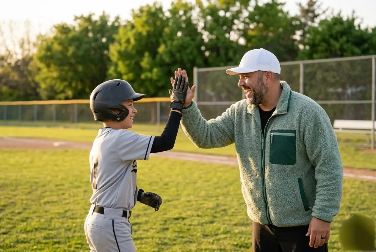 Coach Myles and a young player sharing a high-five at the field