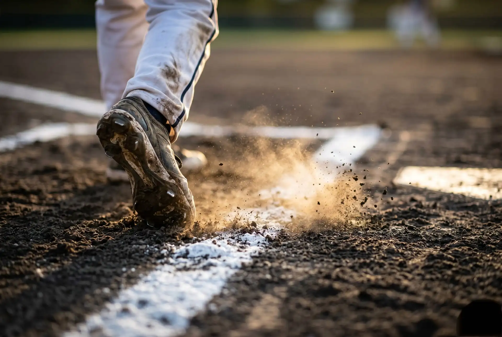 Close-up of youth baseball cleats digging into the infield dirt during a training session