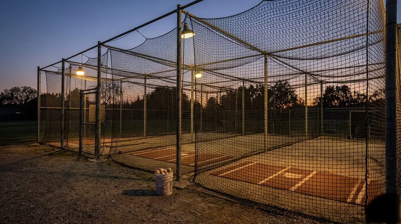 Empty batting cages at dusk under the lights