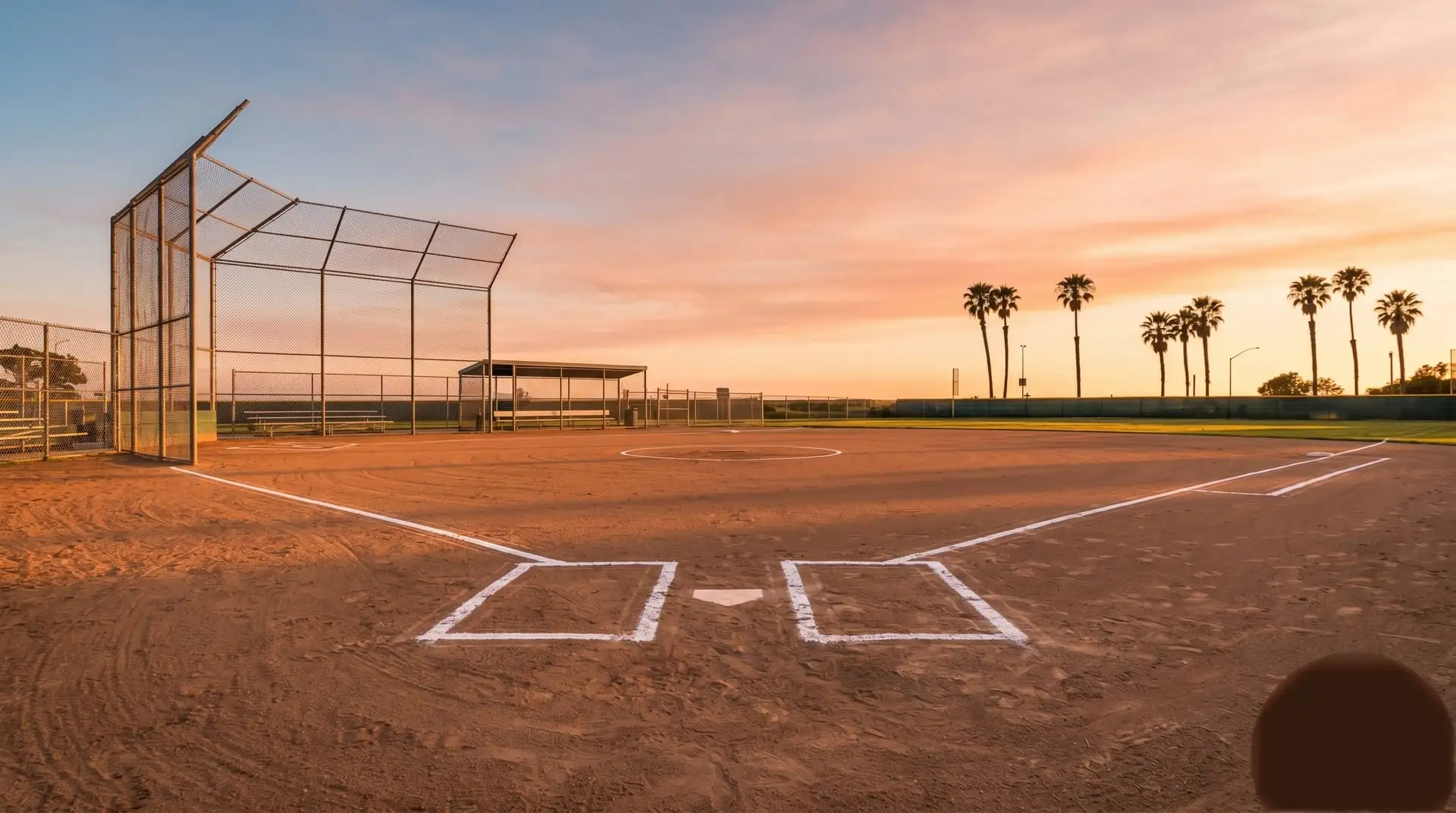 A quiet local baseball field at golden hour with palm trees beyond the outfield