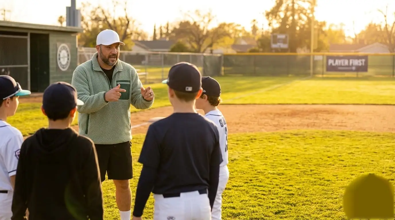 Coach Myles Berniard-Mendez leading a youth baseball training session in Long Beach