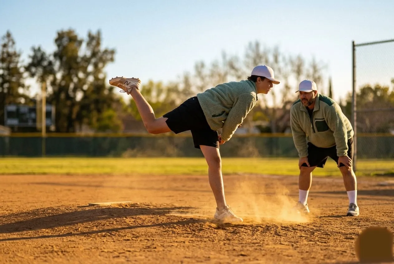 A young pitcher mid-delivery on the mound as Coach Myles watches the mechanics