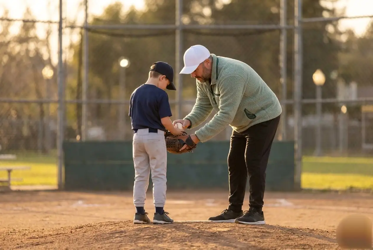Coach Myles coaching a young pitcher on the mound at golden hour