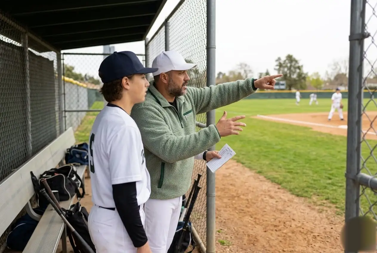 Coach Myles talking through a game situation with young players near the dugout