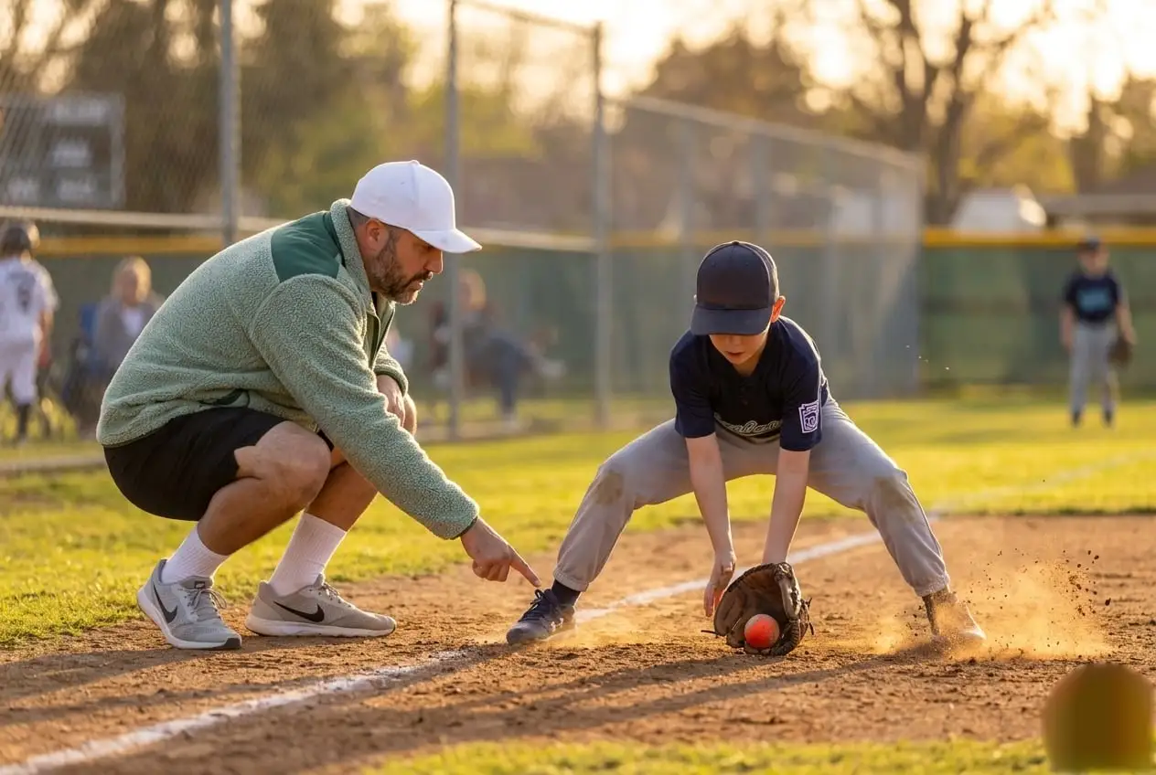 A young infielder fielding a ground ball as Coach Myles coaches footwork