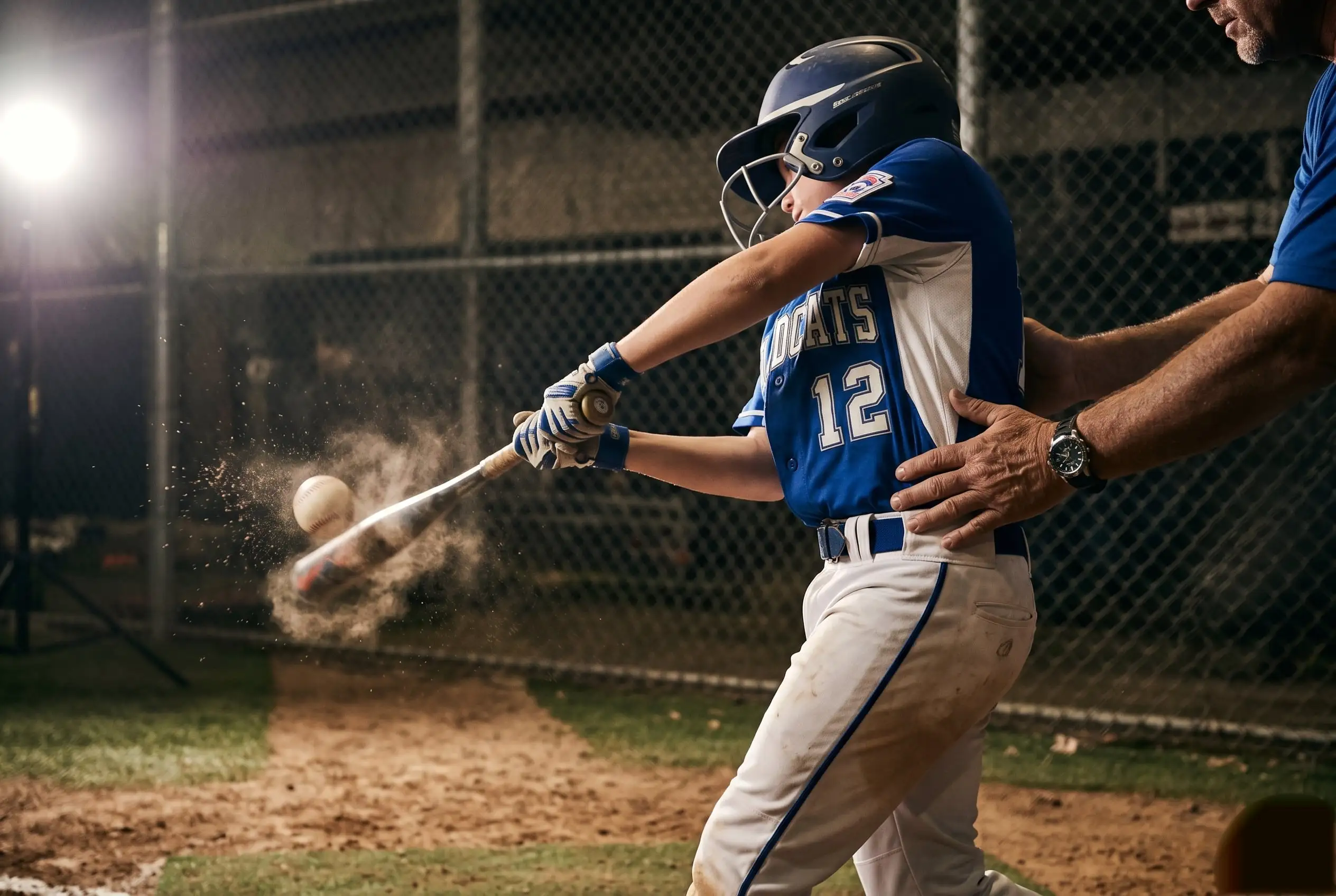 A young hitter driving the ball at the cage as Coach Myles guides the swing